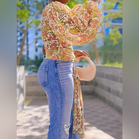 Boho Plus Size Elegant Asymmetrical Neck Blouse - Floral Print - Picture 3 of 8